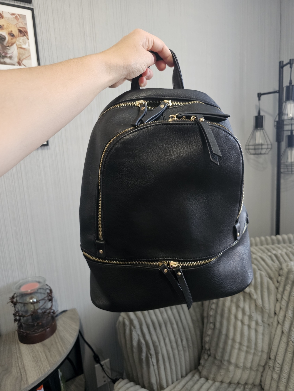 Jen & CO black Leather Mini Backpack with Gold Zippers